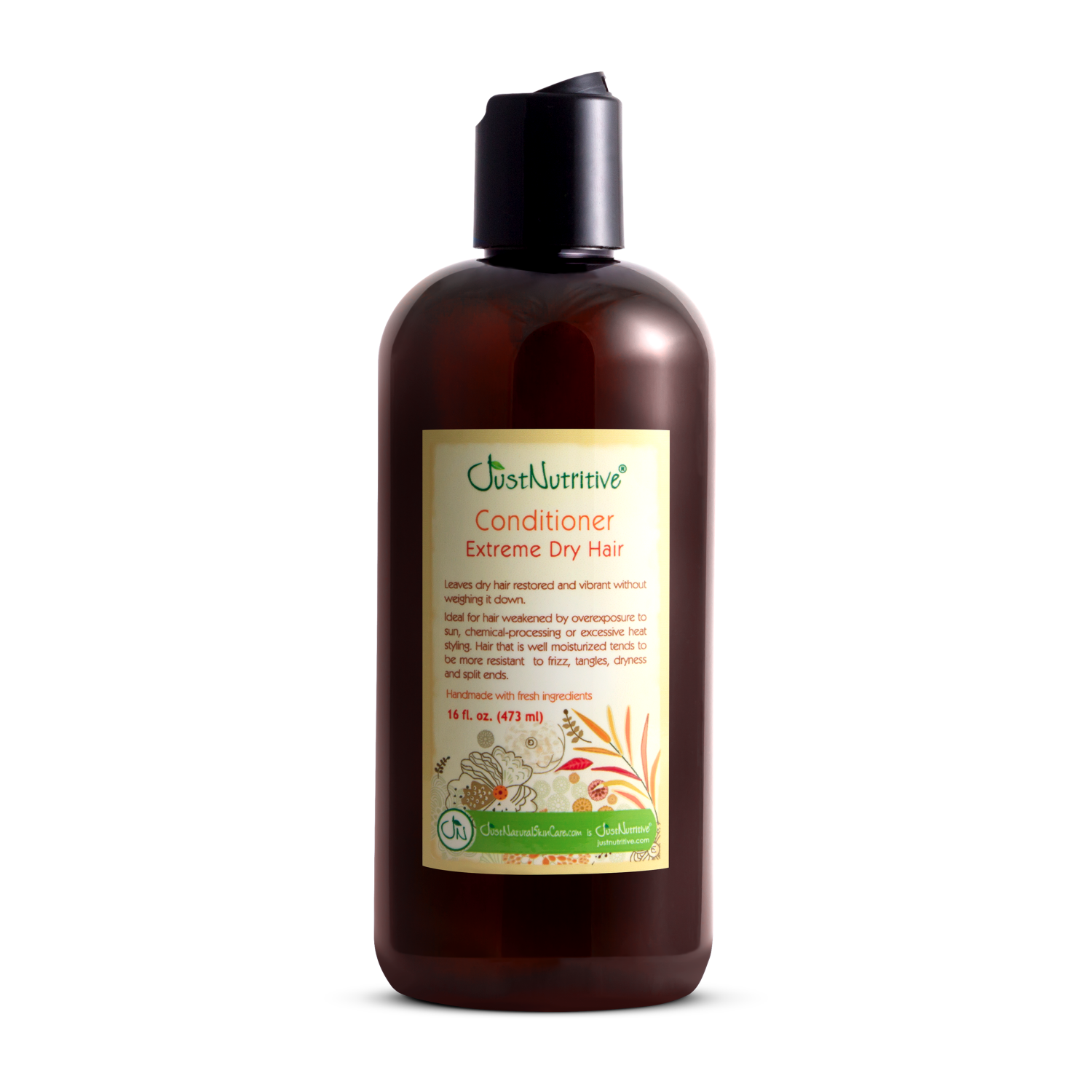 Brown bottle of hair conditioner with a label on a white background