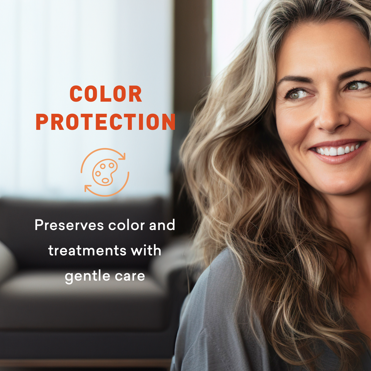 Woman with styled hair in a living room setting, promoting color protection.