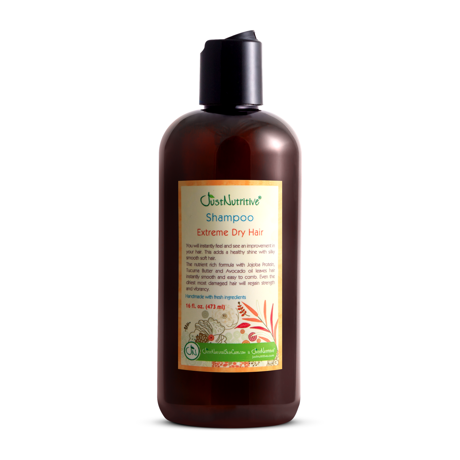 Brown shampoo bottle with a label on a white background