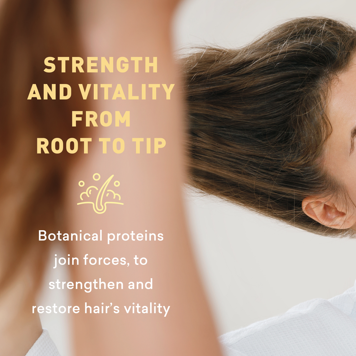 Person with styled hair and text about botanical proteins for hair health on a light background