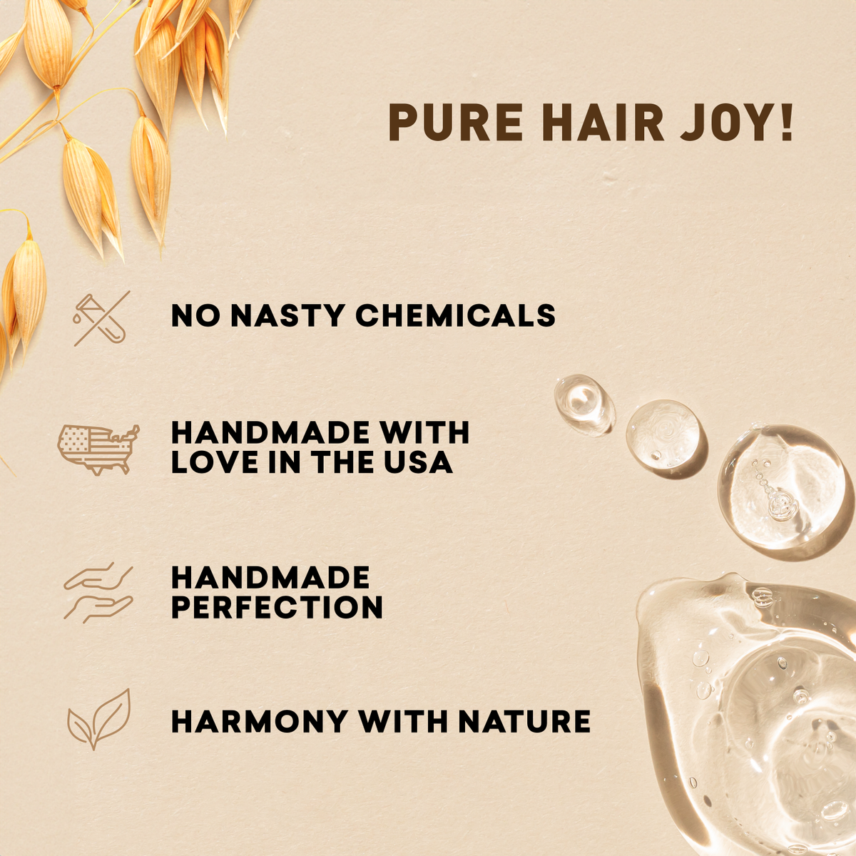 Promotional text about pure hair care product with natural elements on a beige background