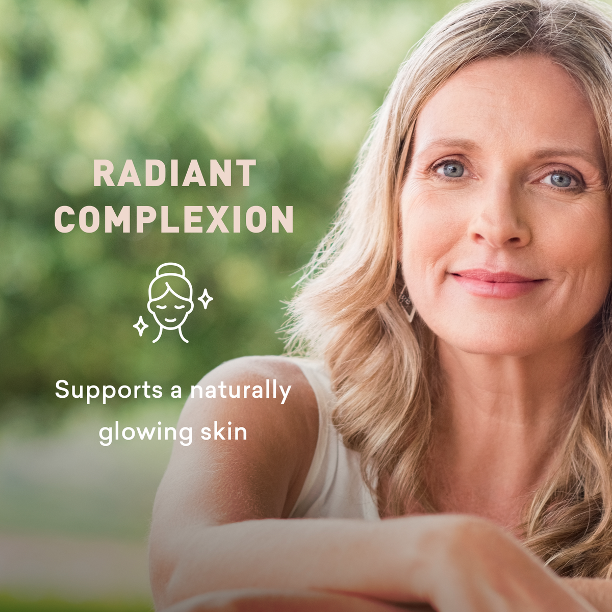 Woman with a radiant complexion against a blurred green background