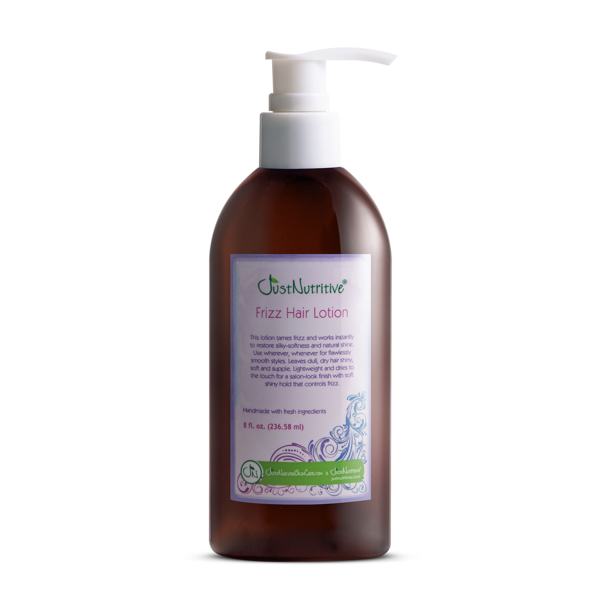 Brown bottle of frizz hair lotion with a white pump on a white background