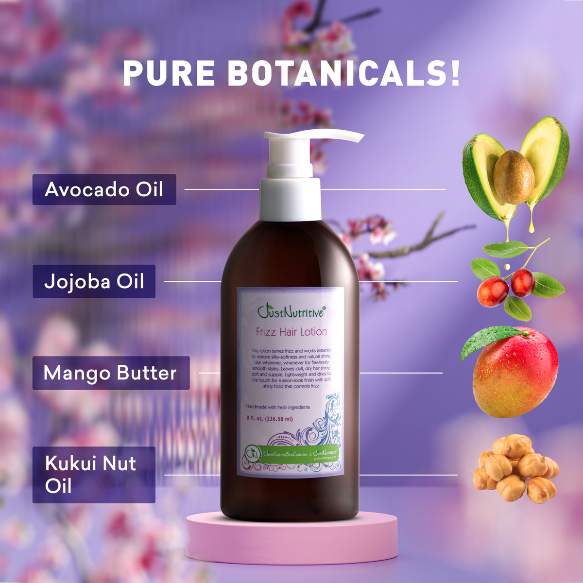 Hair lotion bottle with ingredients labeled on a purple background