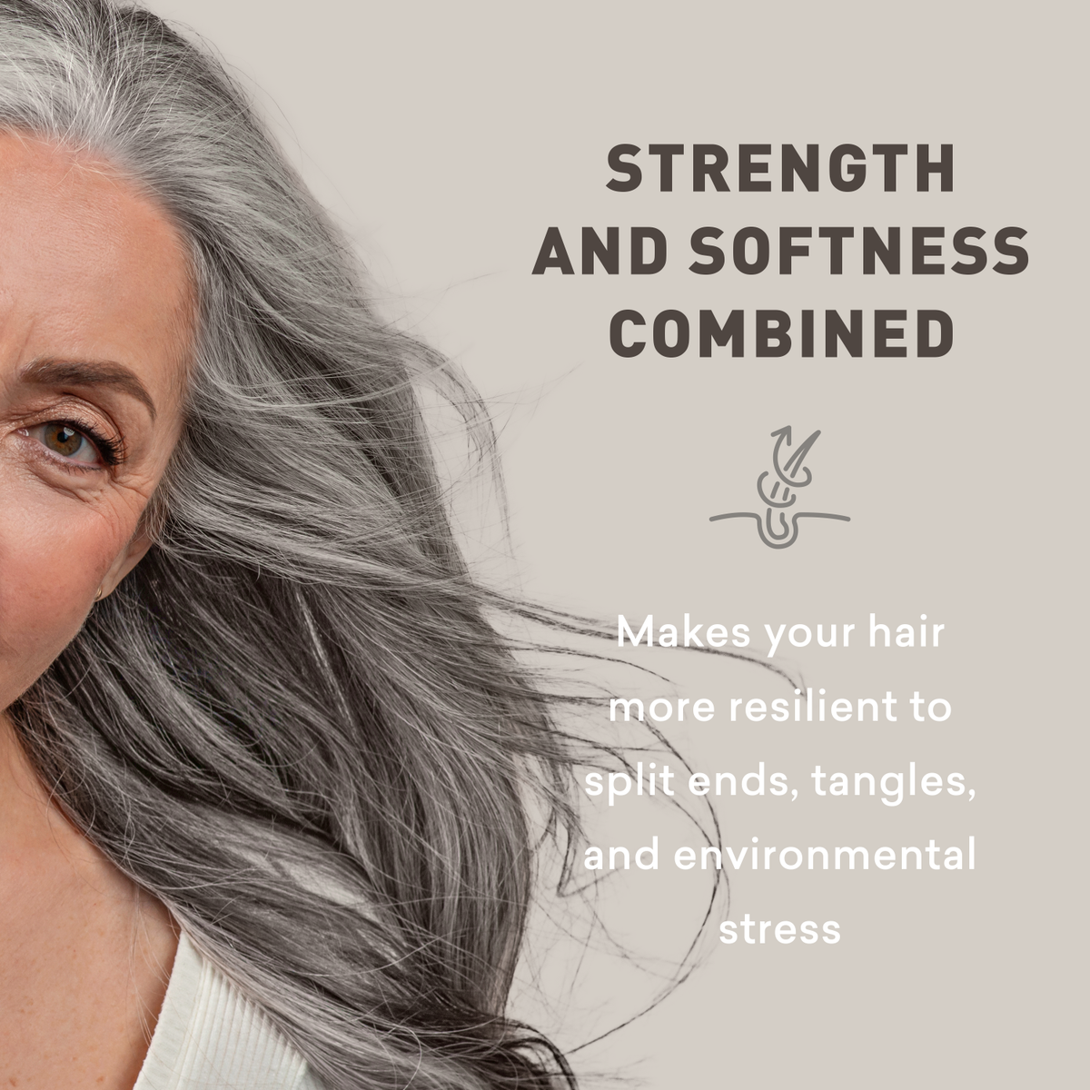 Woman with gray hair and text about hair resilience on a light background