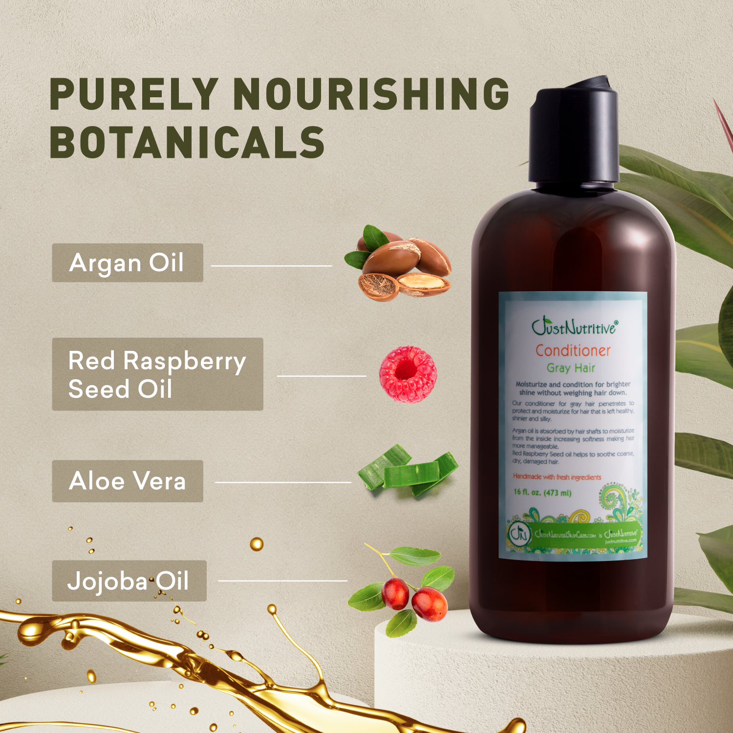 Bottle of conditioner with ingredients listed on a beige background