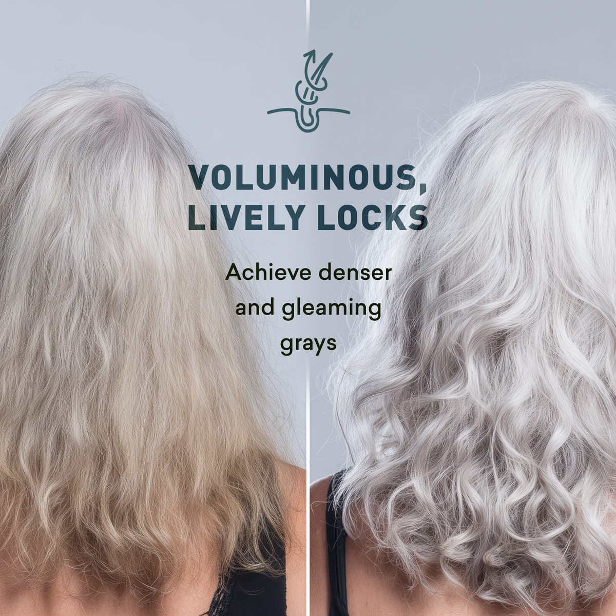 Before and after comparison of voluminous, lively gray hair with text on a light gray background.