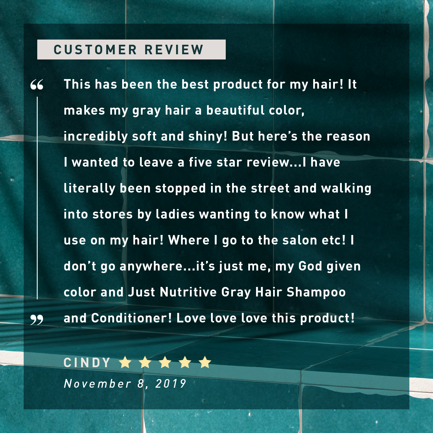 Five-star customer review for hair product on a textured teal background