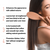 Woman brushing her hair with a wooden comb, featuring text about hair product benefits.