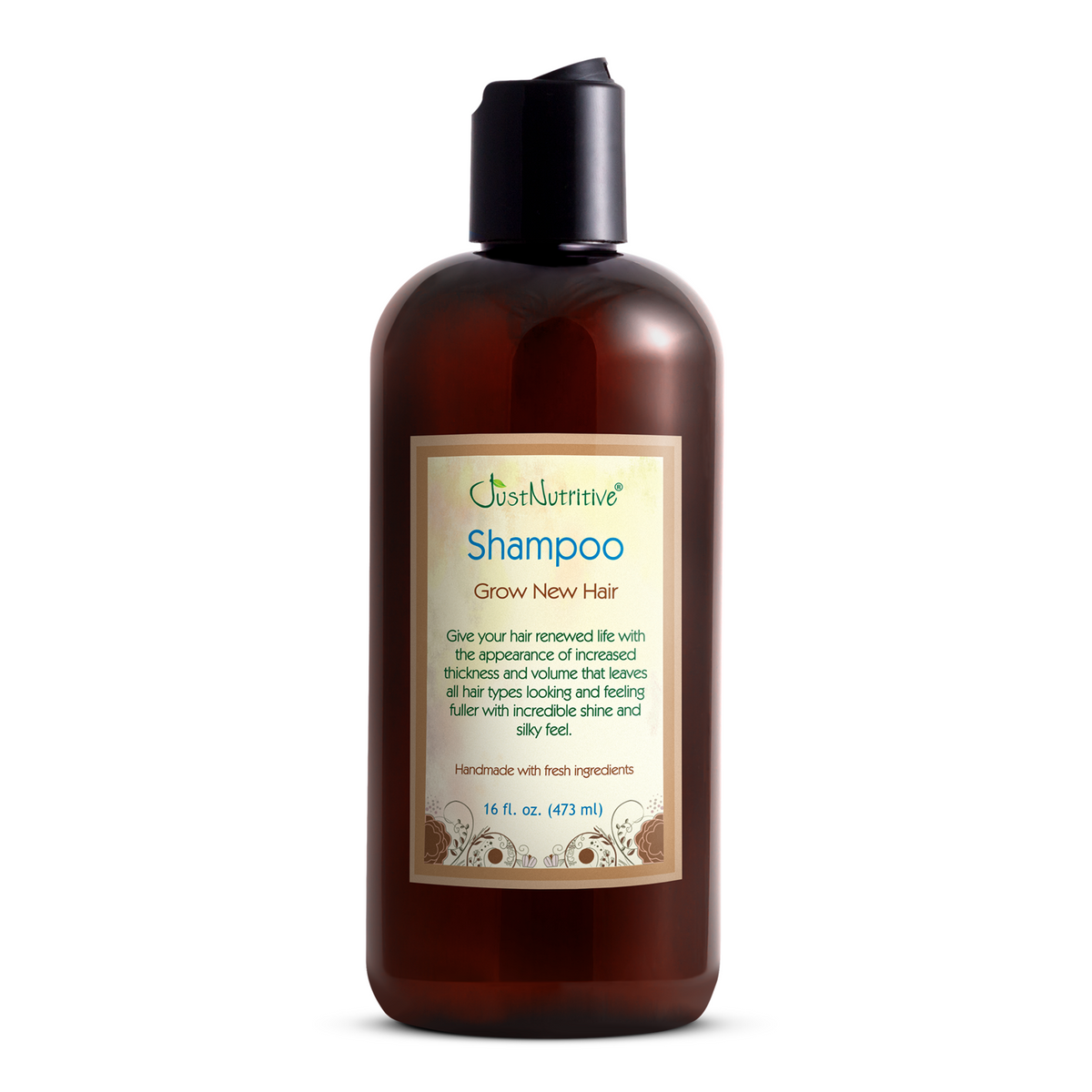 Brown shampoo bottle with label on a white background