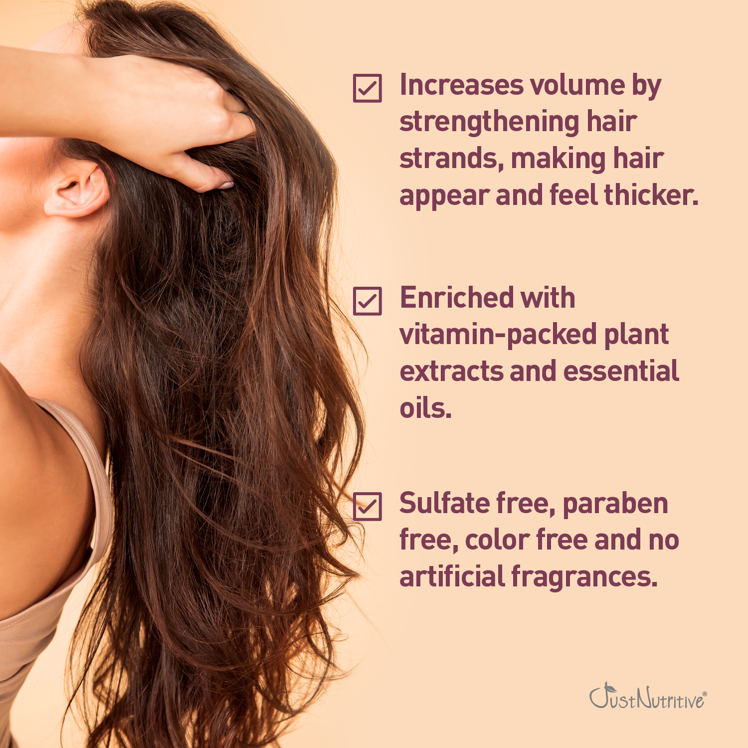 Woman with long, healthy hair against a beige background with product features listed.