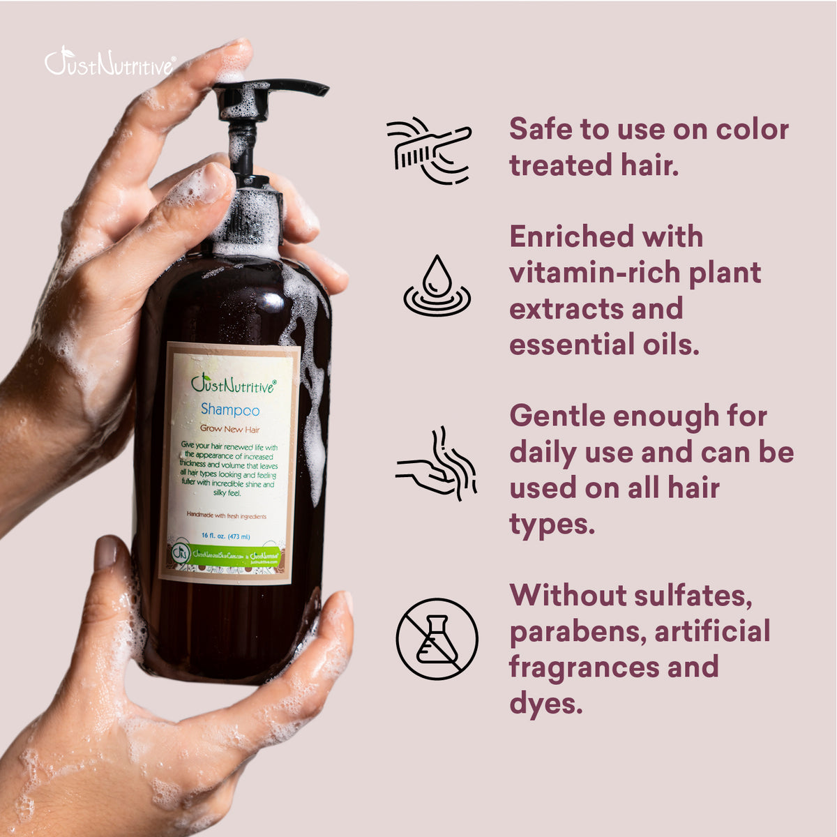 Shampoo bottle held by a hand with product details on a beige background