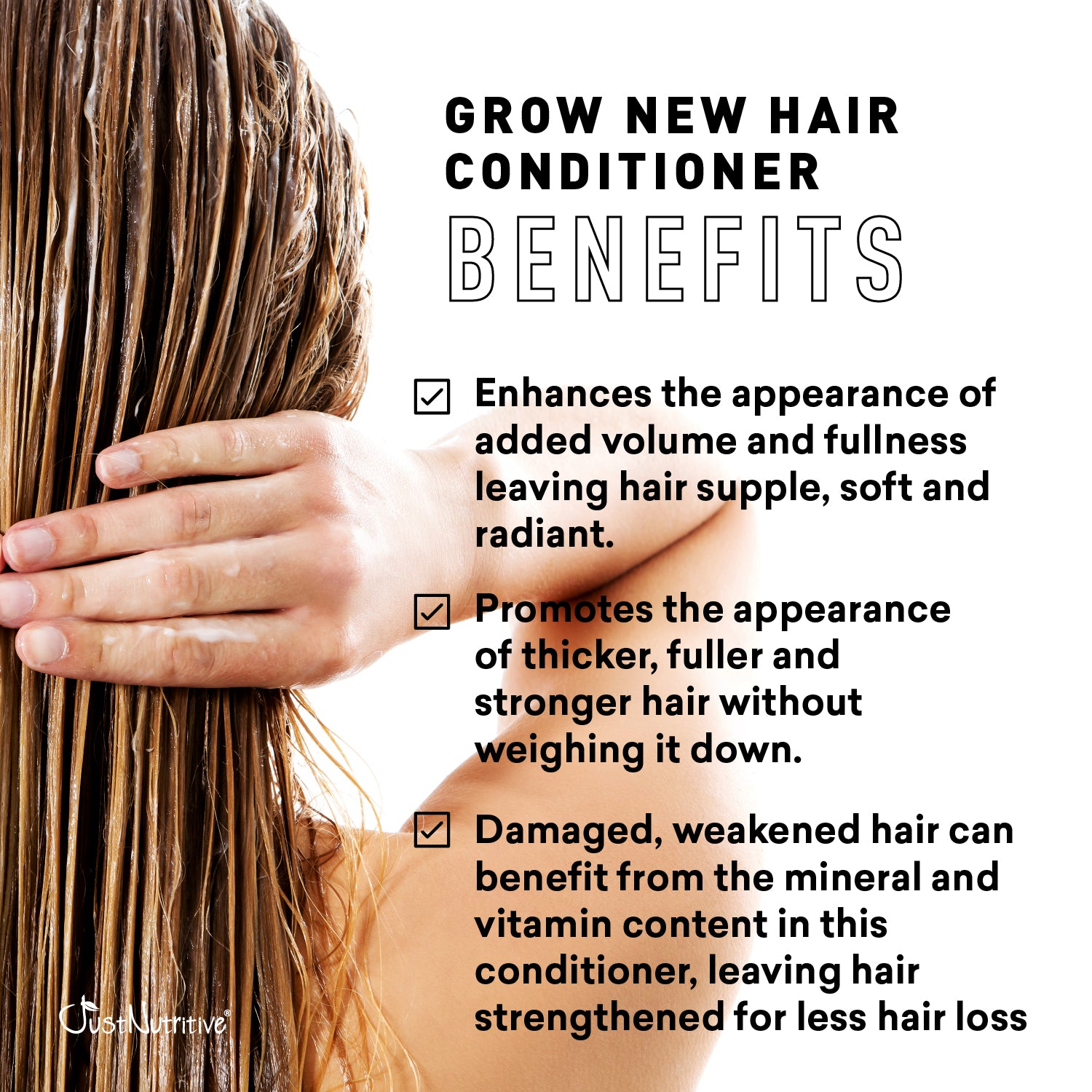 Text detailing benefits of a hair conditioner with a person holding their hair.