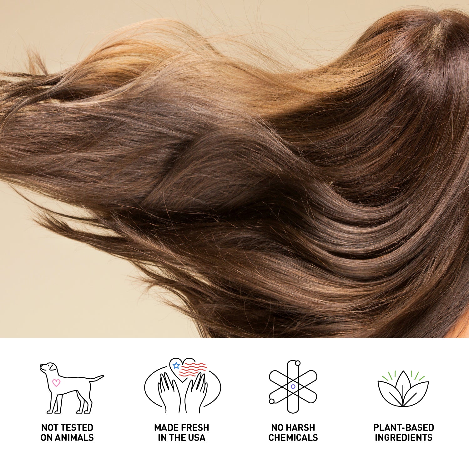 Close-up of brown hair with certification icons and text on a beige background