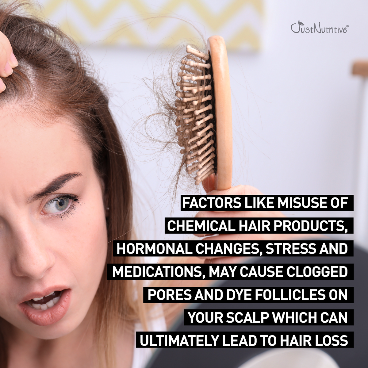 Woman with hairbrush and text about hair care issues on a blurred background