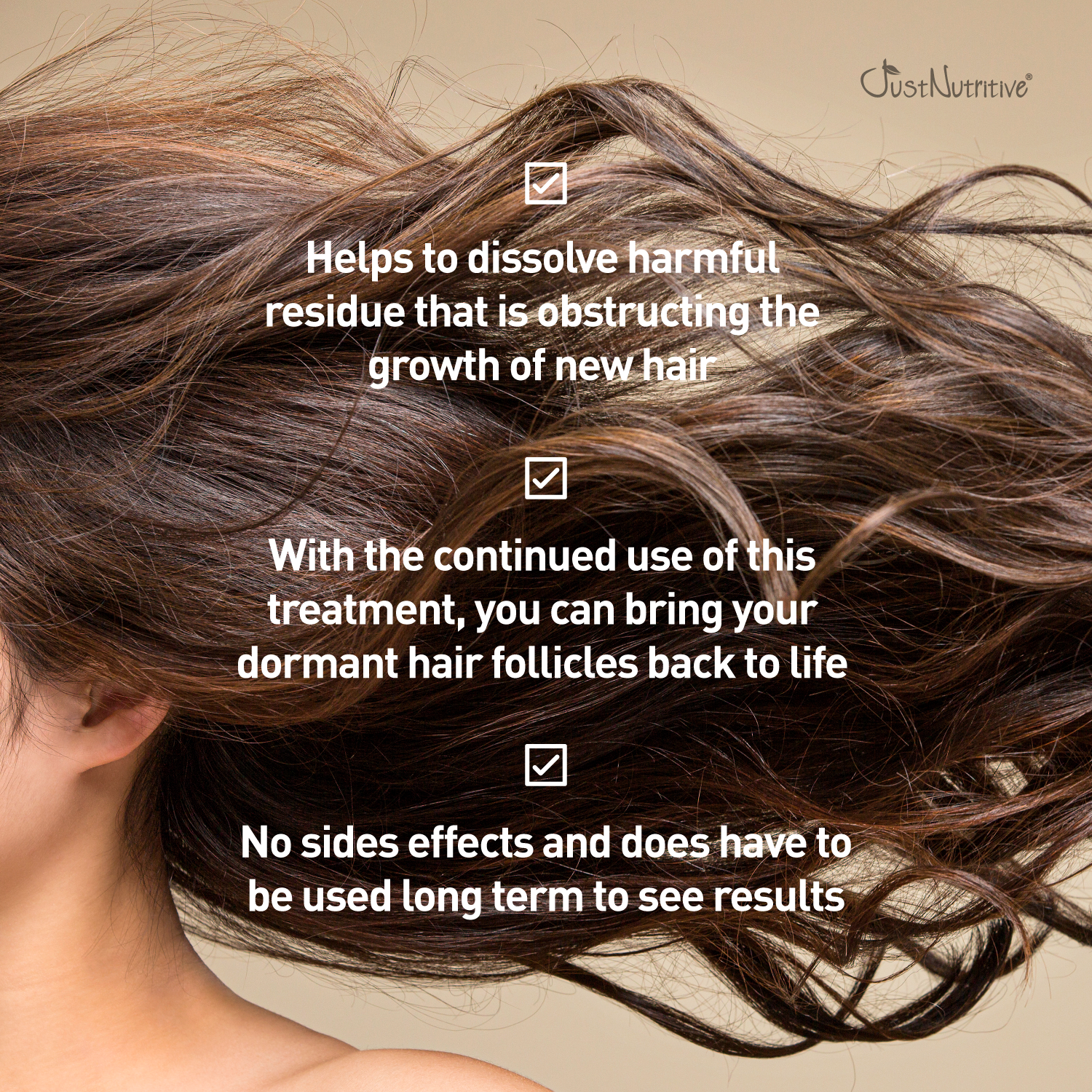 Close-up of a person with long, brown hair against a beige background, with text about hair care treatment.