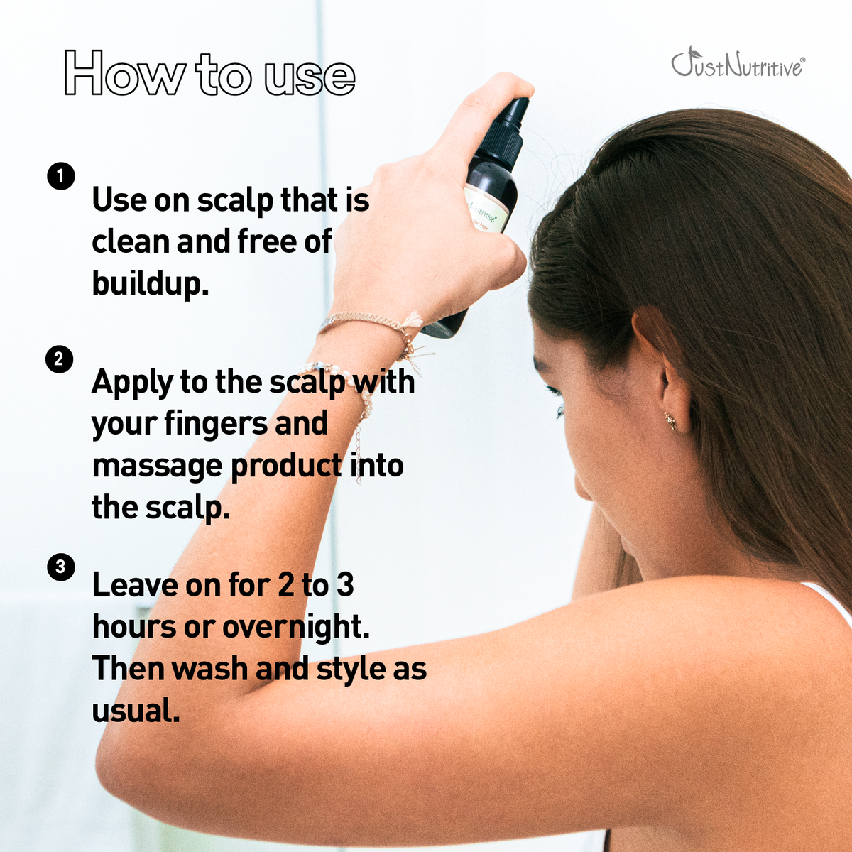 Person applying a scalp care product with text on how to use it