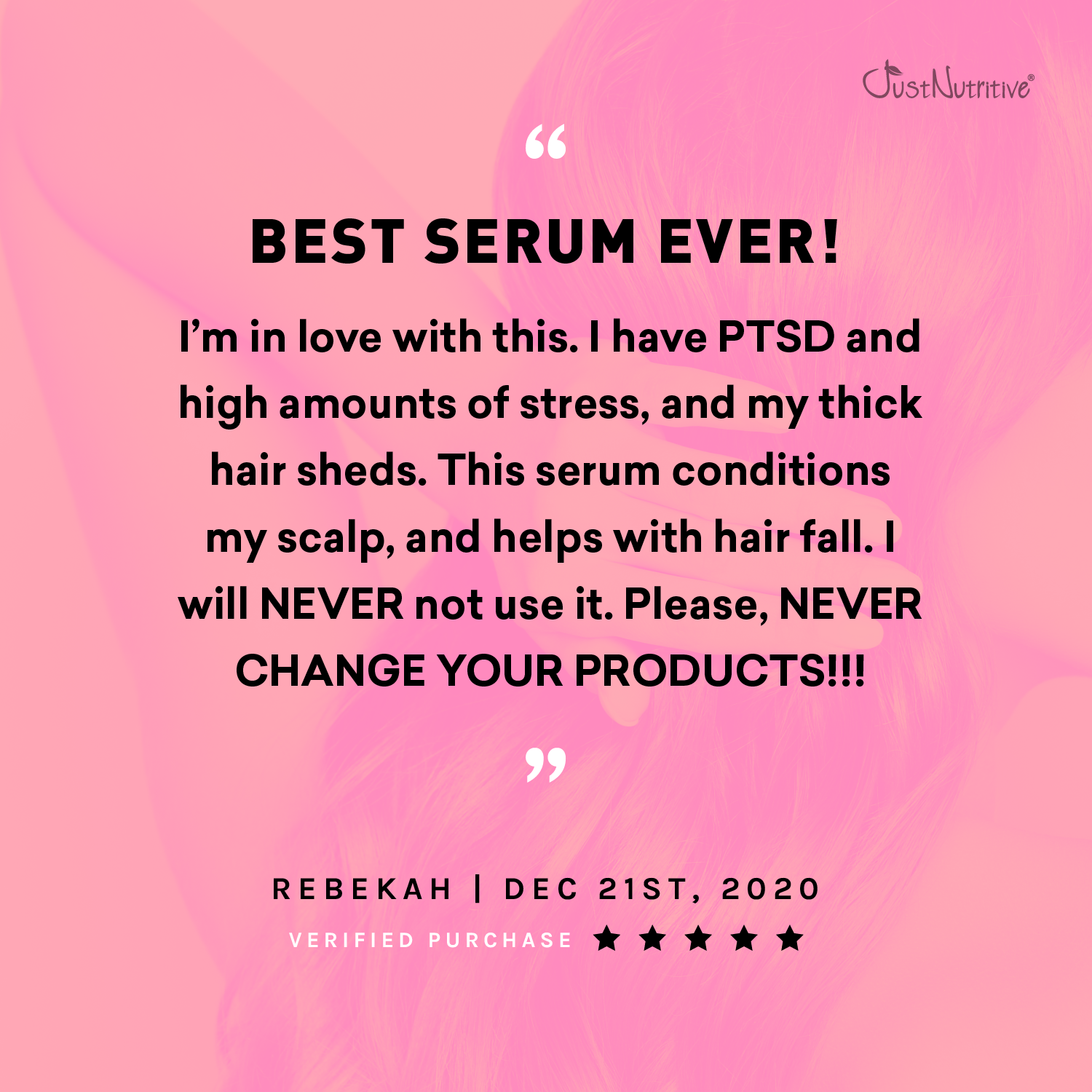 Product review with text on a pink gradient background