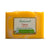 Yellow soap bar with a label on a white background