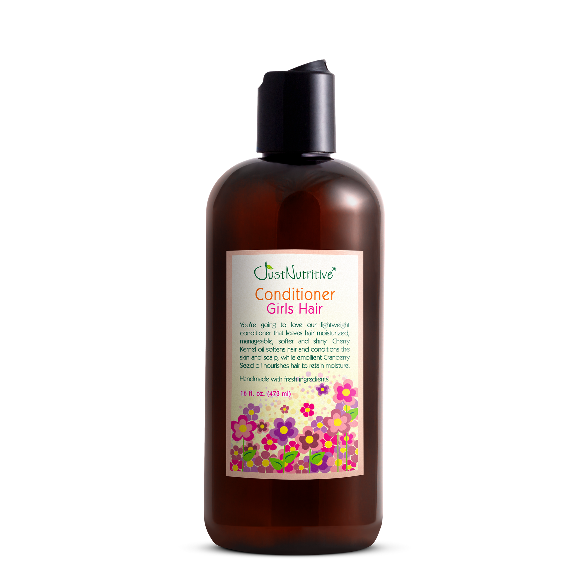 Brown bottle of conditioner for girls hair with a colorful label on a white background