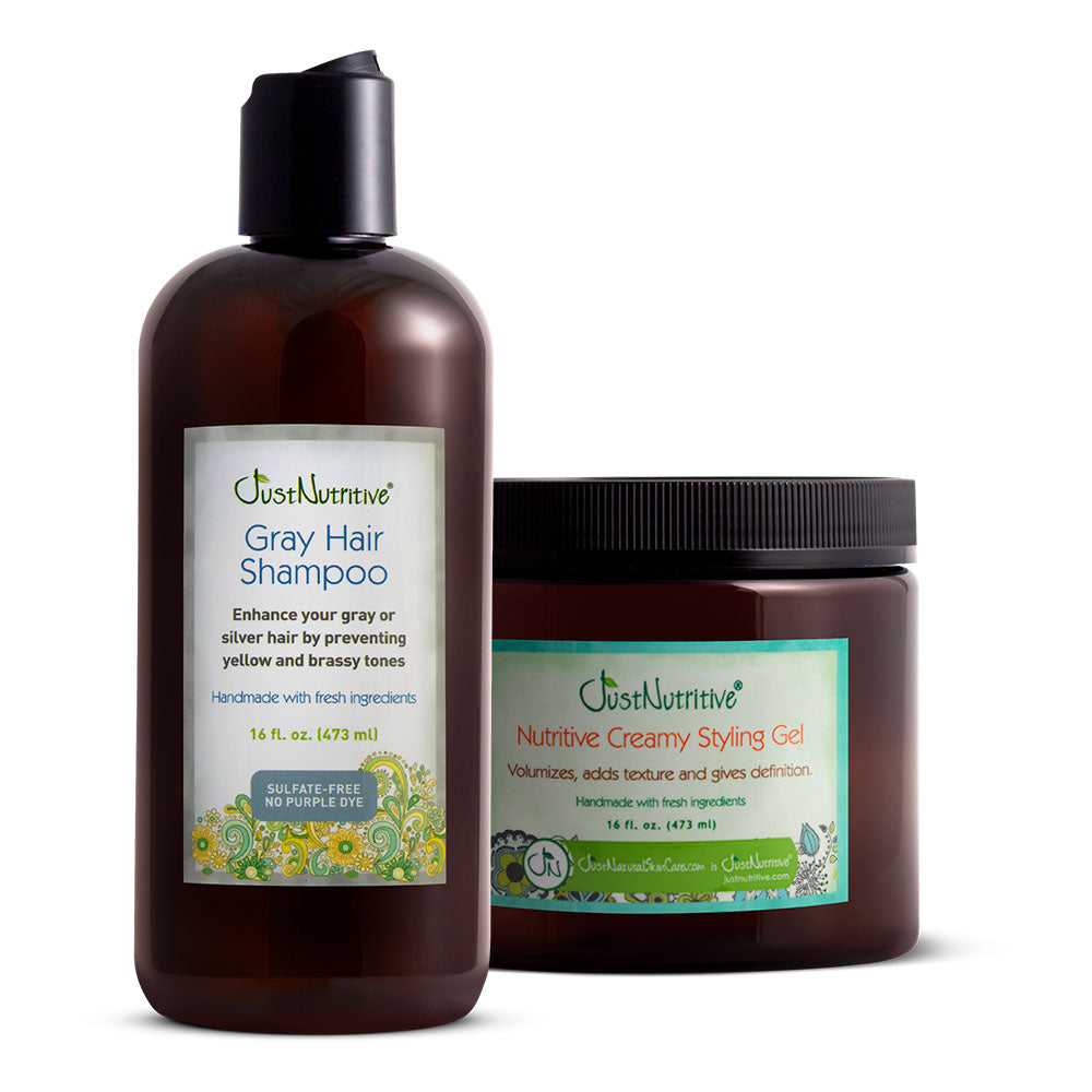 Just Nutritive Gray Hair Shampoo and Creamy Styling Gel on a white background