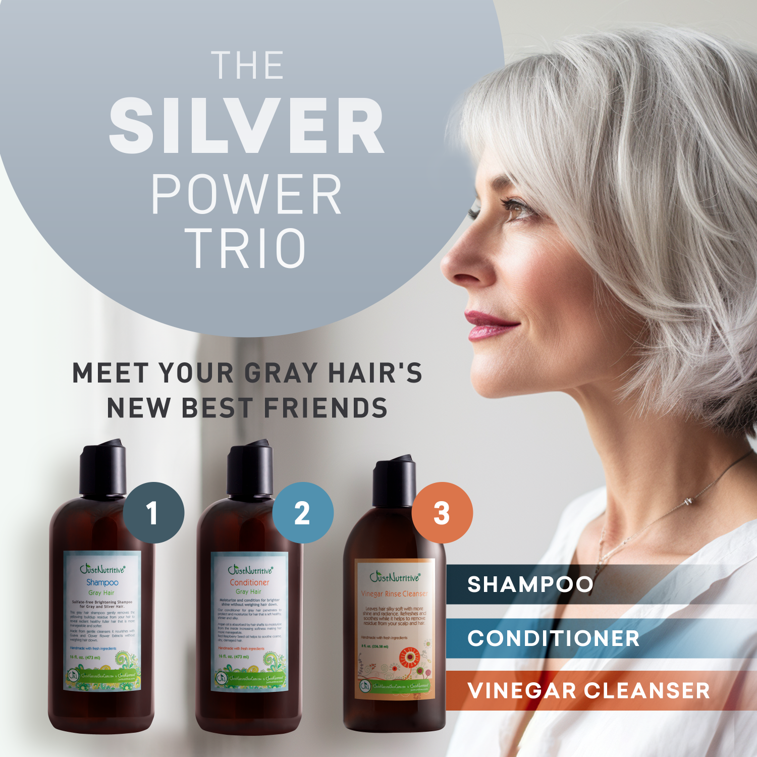 Advertisement for 'The Silver Power Trio' hair care products featuring a woman with gray hair.