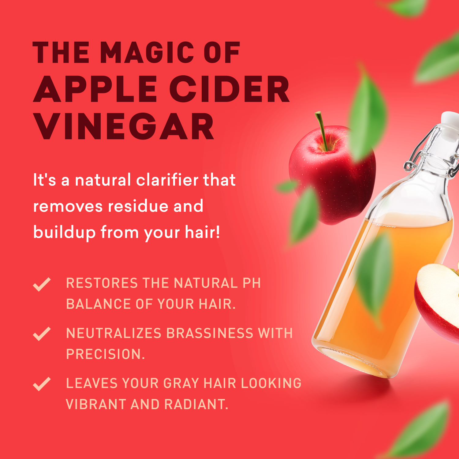 Advertisement for apple cider vinegar with a bottle and apple on a red background