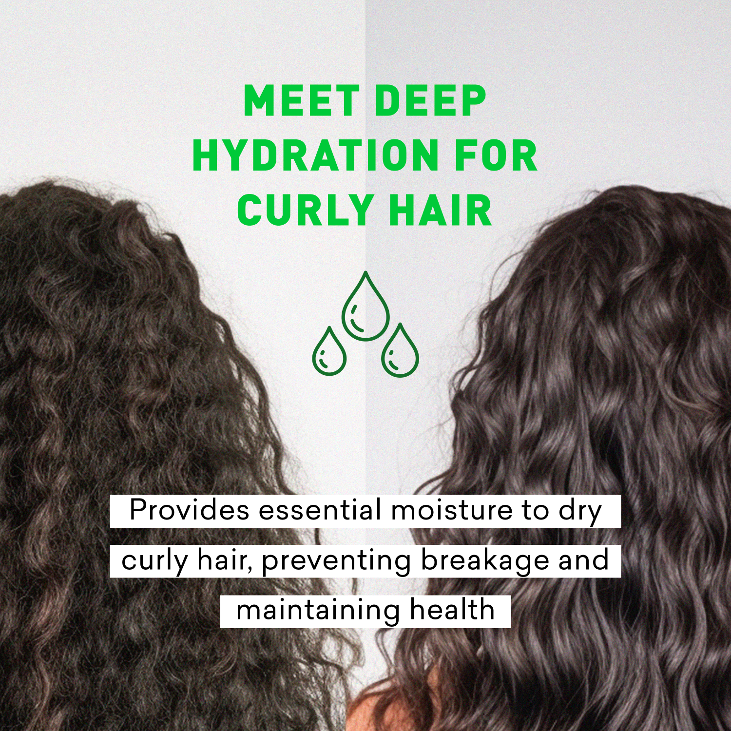 Two views of curly hair with text about deep hydration for curly hair.