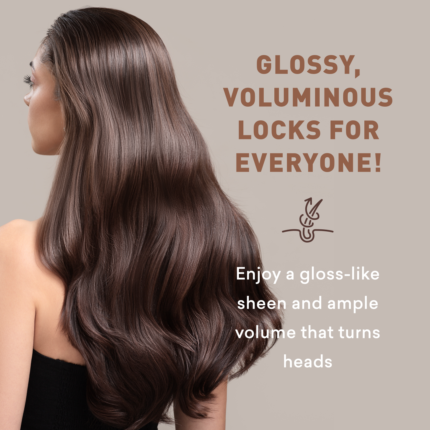 Woman with long, glossy hair on a beige background with promotional text.
