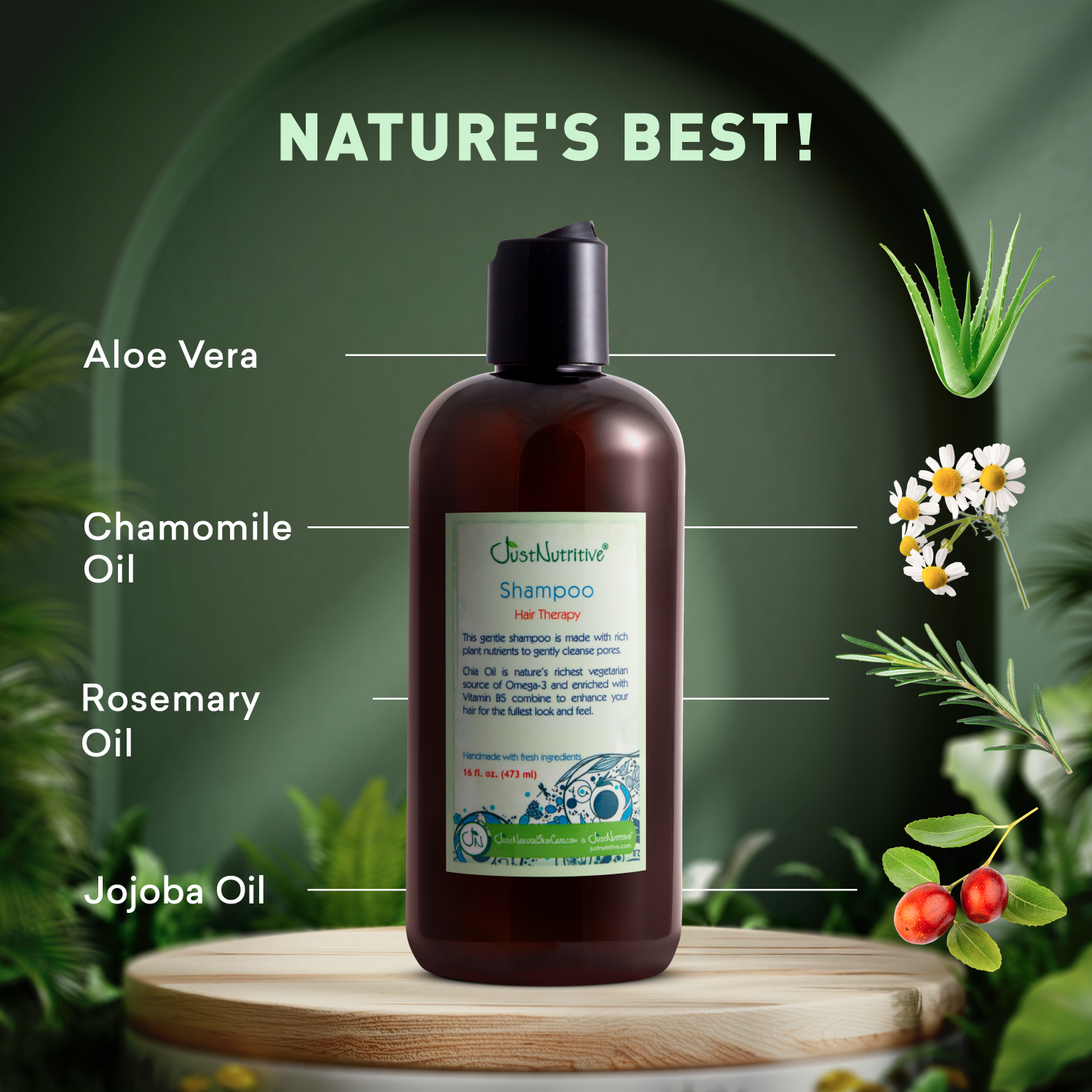 Shampoo bottle with natural ingredients on a green background
