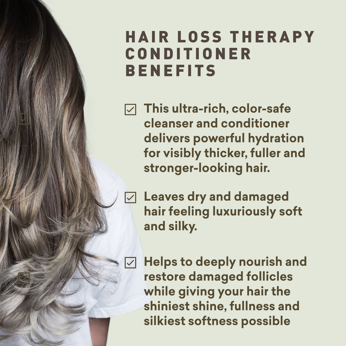 Hair loss therapy conditioner benefits text overlay with a person with long hair.