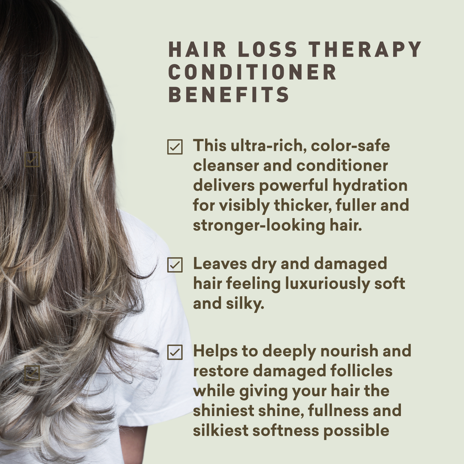 Hair loss therapy conditioner benefits text overlay with a person with long hair.