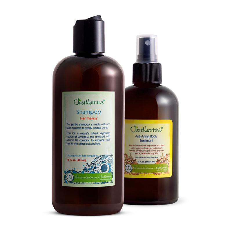 Two brown bottles of 'Gustafswerve' shampoo and body lotion on a white background