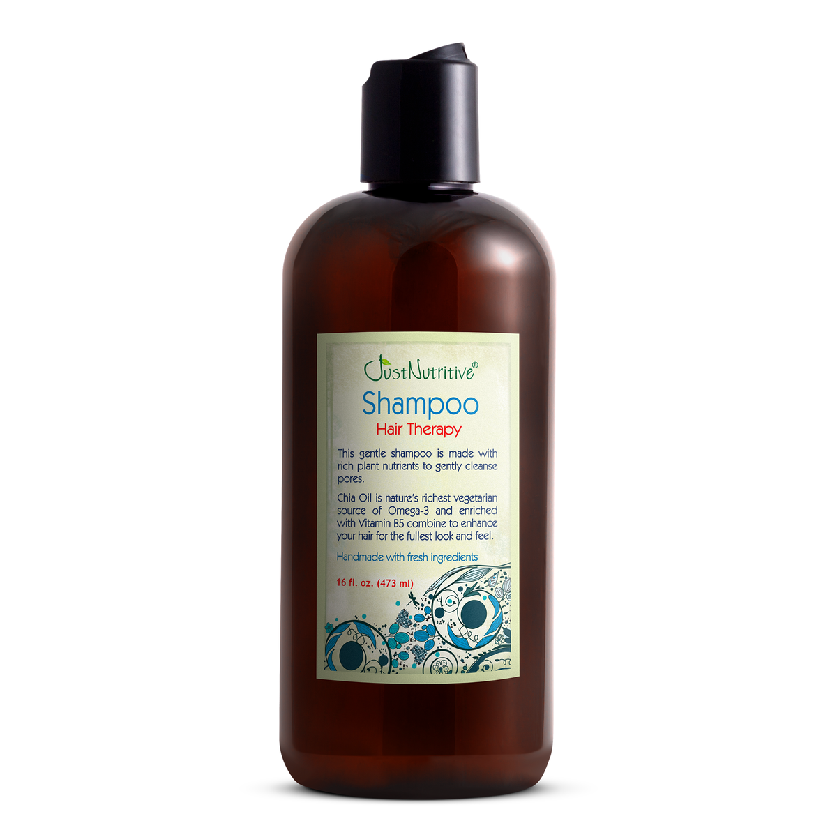 Brown shampoo bottle with a label on a white background
