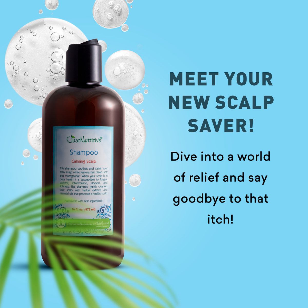 Shampoo bottle with text on a blue background