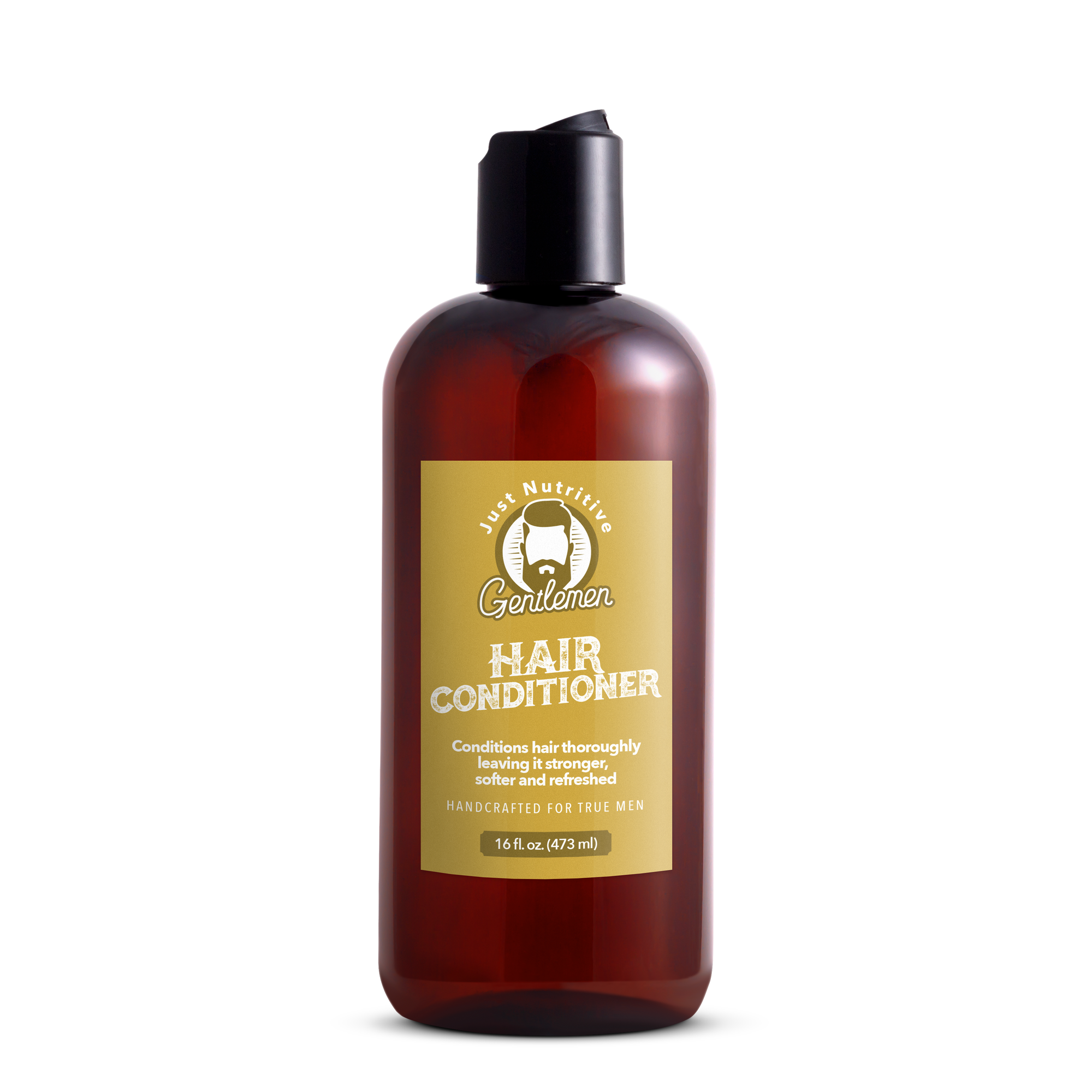 Hair conditioner bottle with a label on a white background