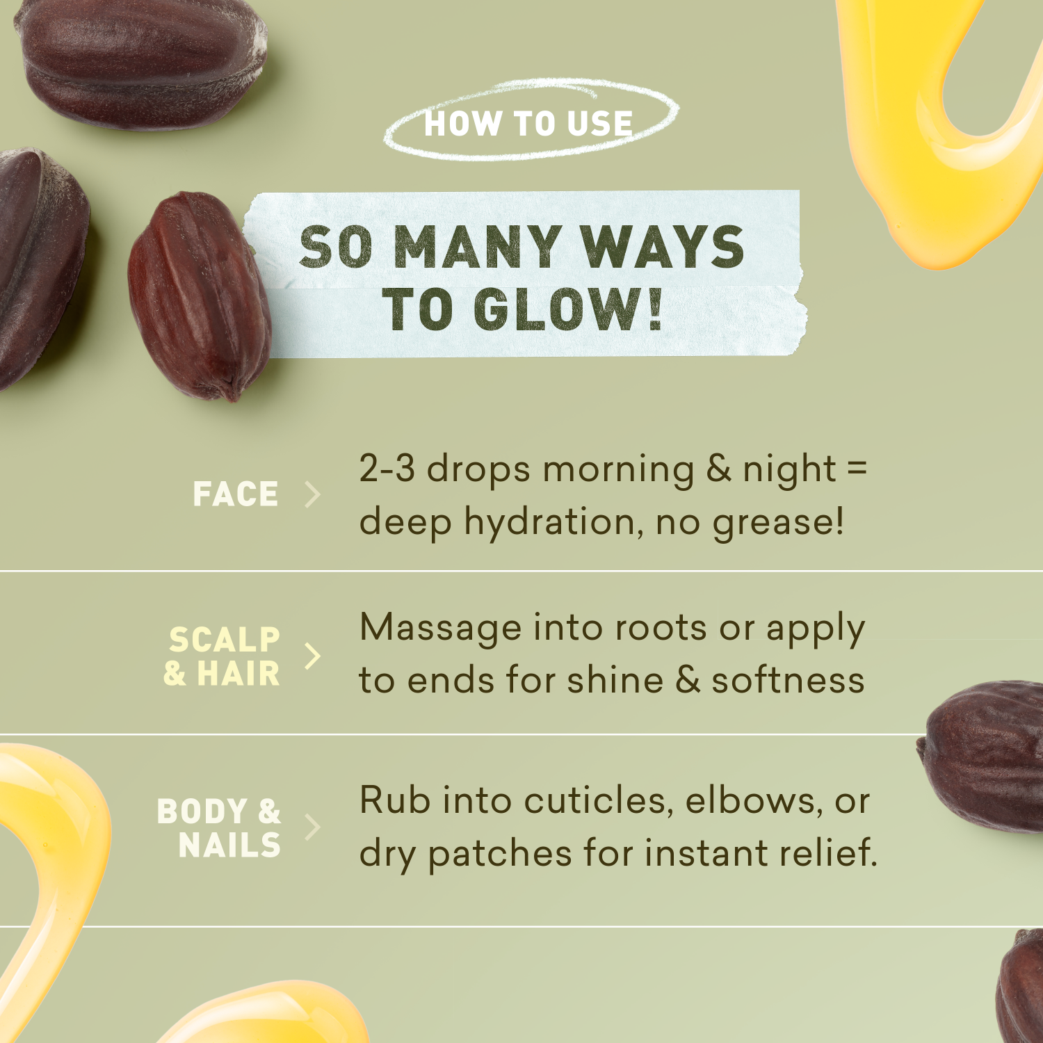 Instructions on how to use a product with text and images of the product on a green background.