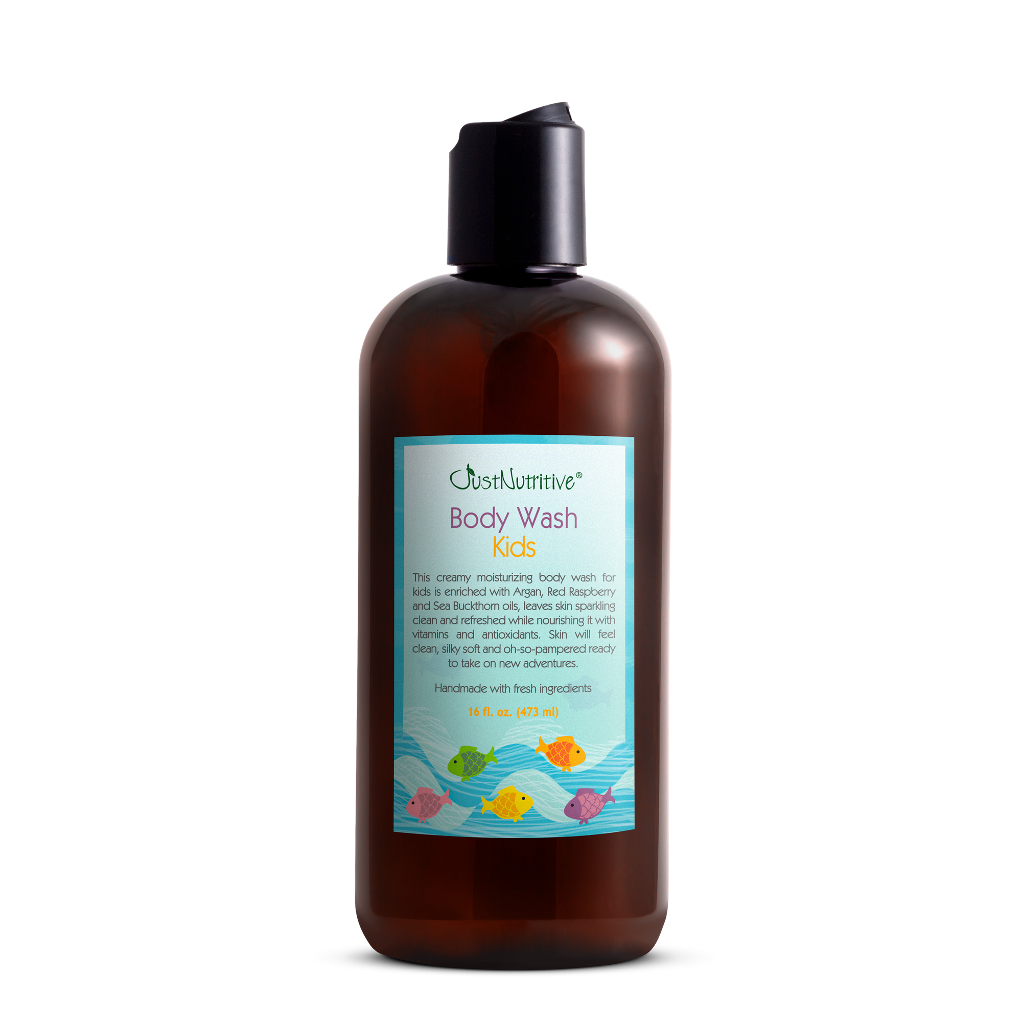 Brown bottle of body wash with a colorful label on a white background