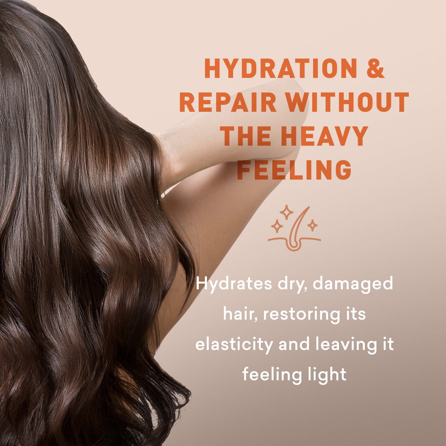 Woman with long, wavy hair against a beige background with text about hair care product benefits.