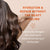 Woman with long, wavy hair against a beige background with text about hair care product benefits.