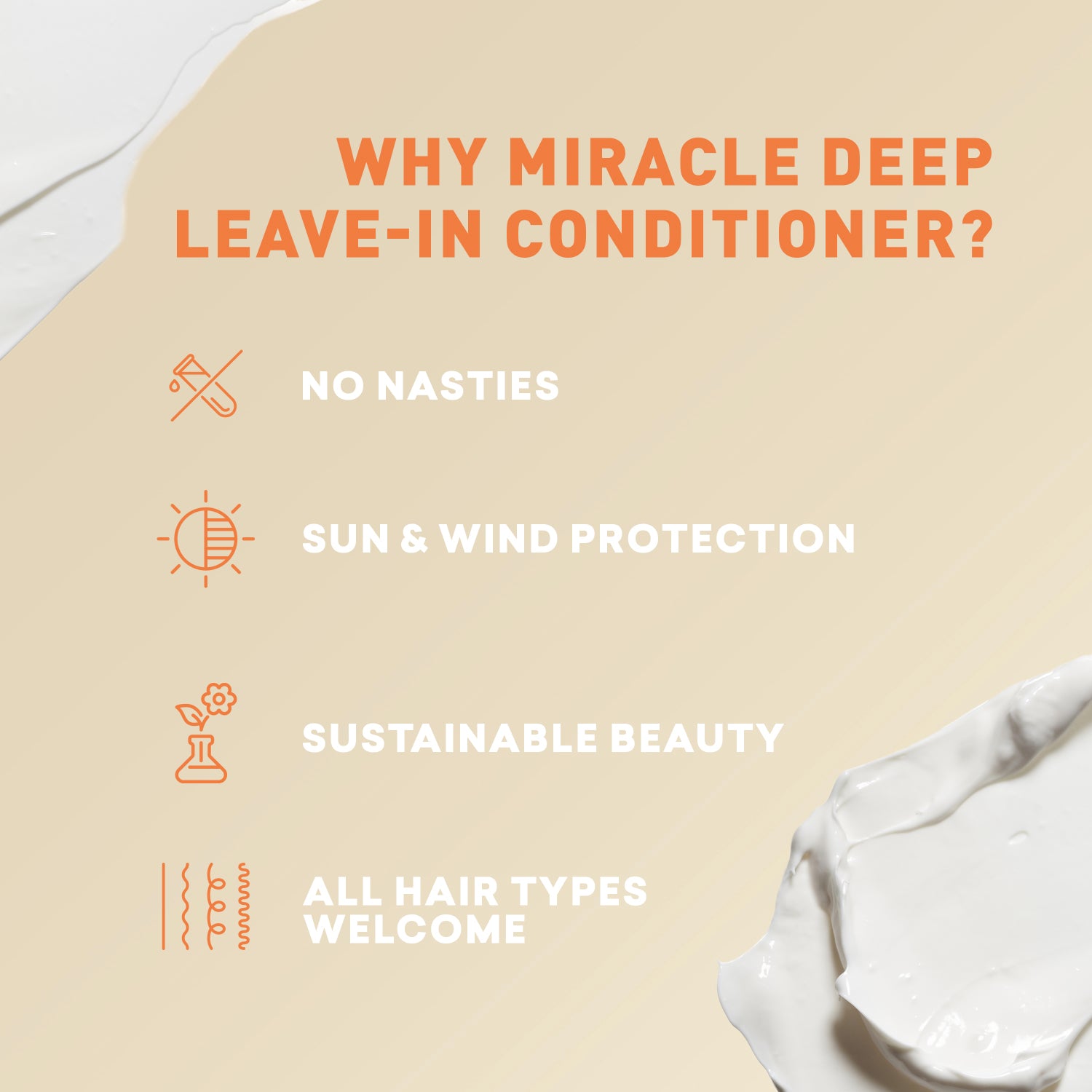 Promotional graphic for Miracle Deep Leave-In Conditioner with text and icons on a beige background.