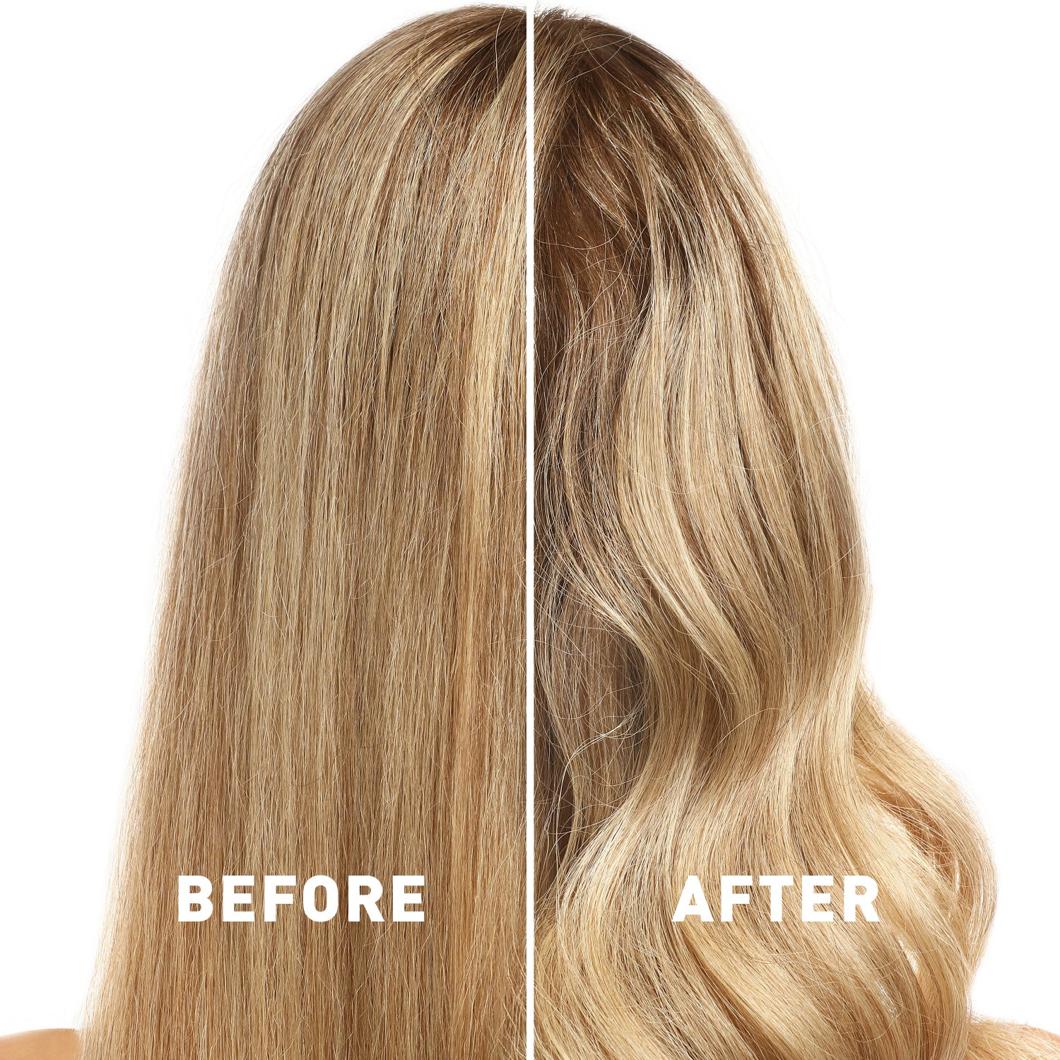 Before and after comparison of blonde hair with a wavy texture on a white background.