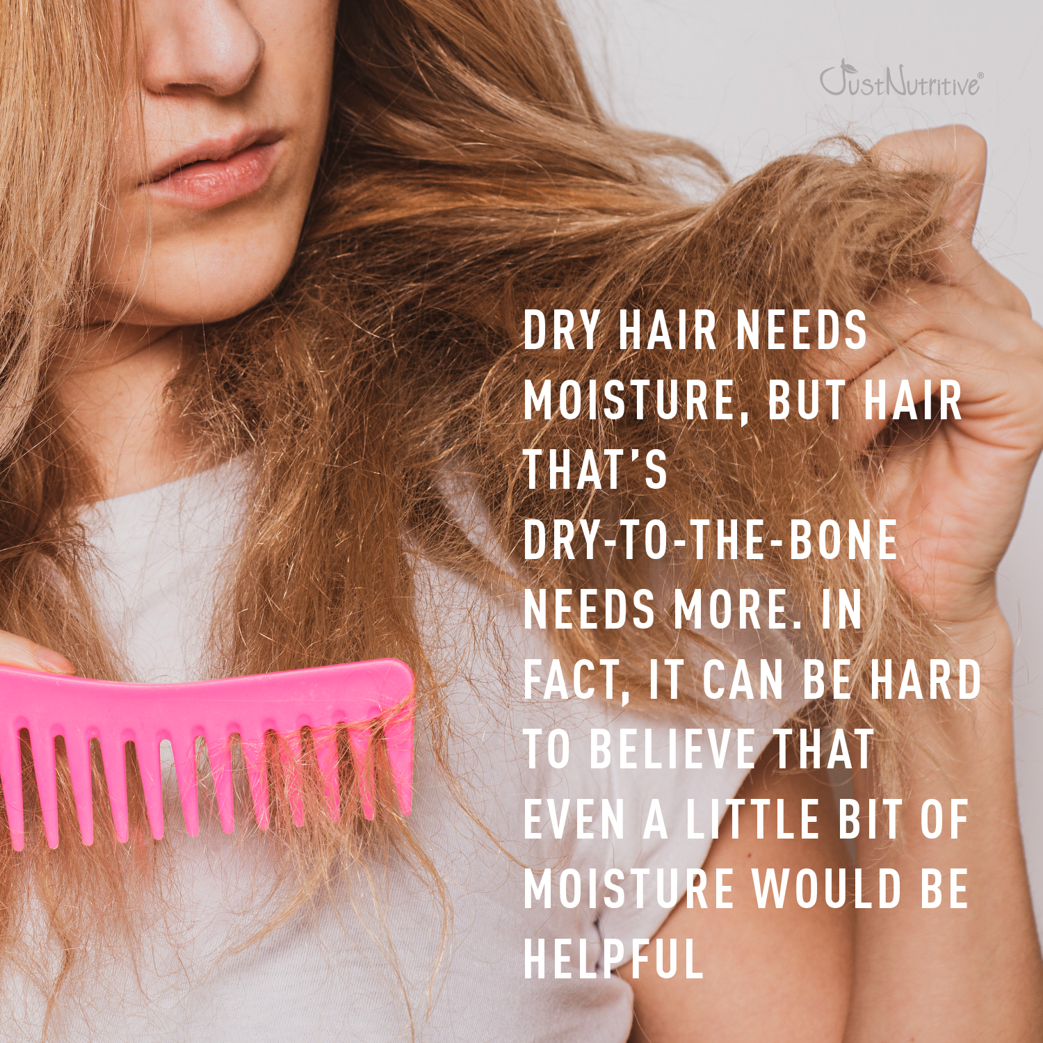 Person with dry hair using a pink comb, with text about dry hair needs.