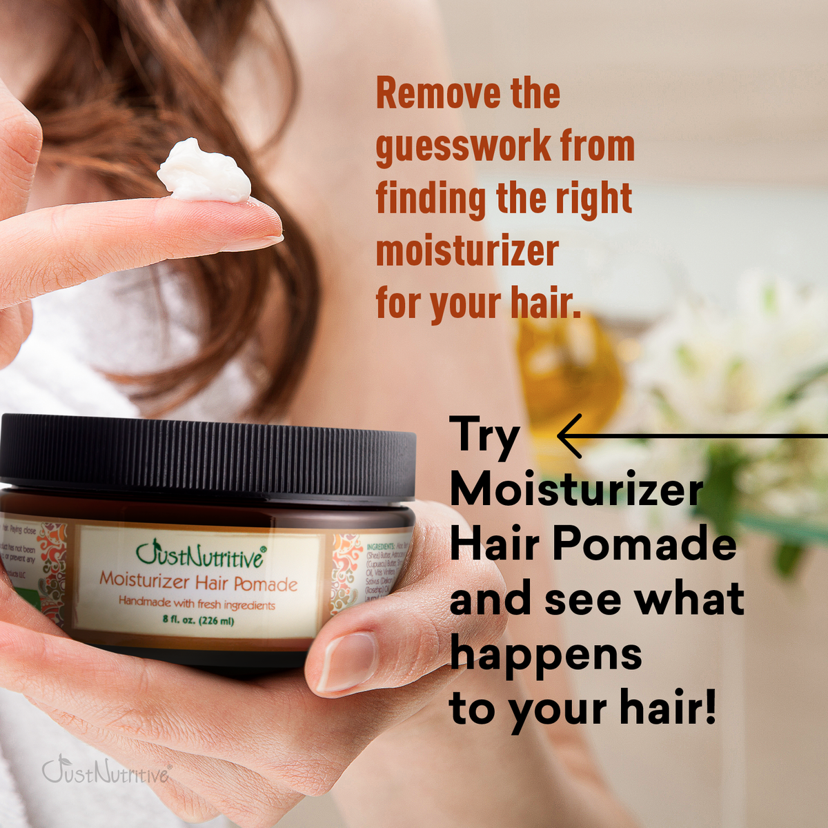 Person holding a jar of Moisturizer Hair Pomade with text promoting the product.