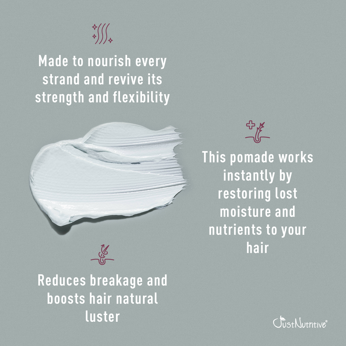 Pomade with text on a gray background, featuring Just Nutritive brand.