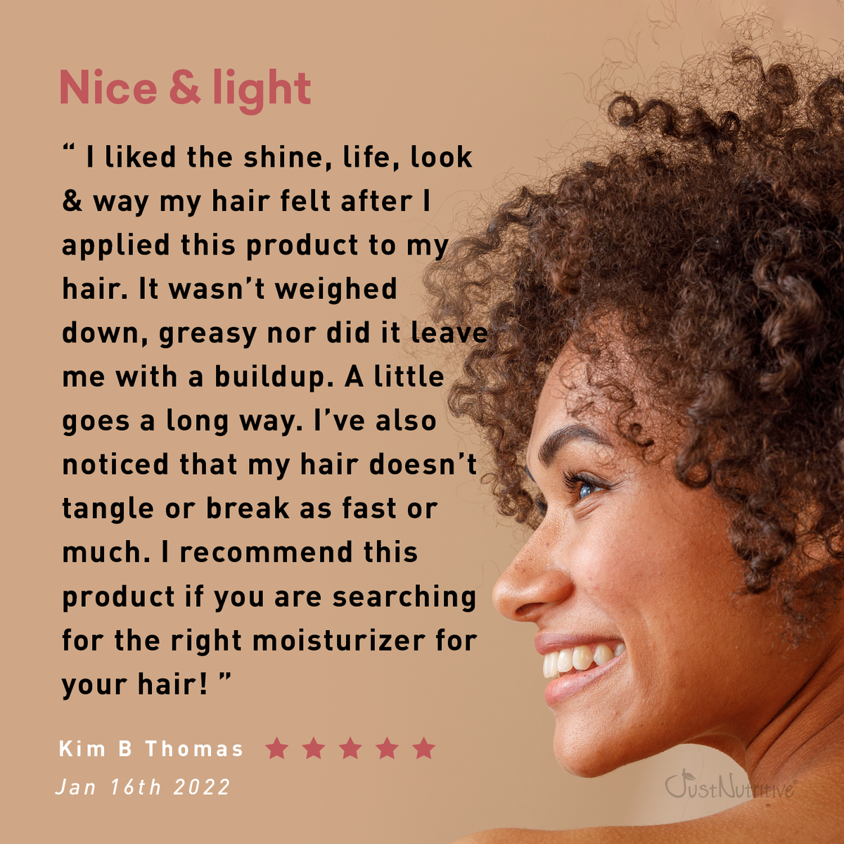 Woman with curly hair on a beige background with text about hair care product