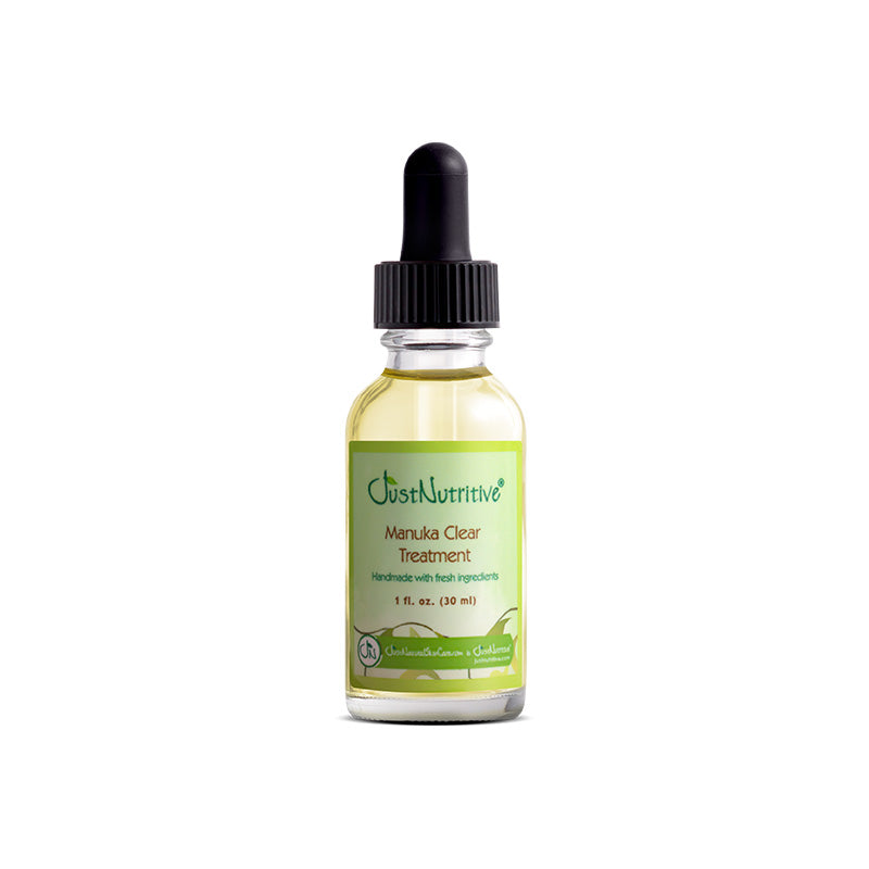 Bottle of OsmiNutri Manuka Clear Treatment on a white background