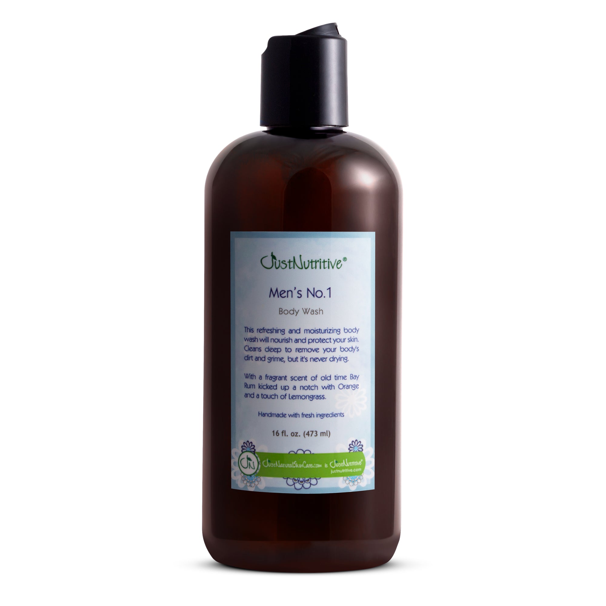 Brown bottle of Obstinative Men's No. 1 Body Wash on a white background