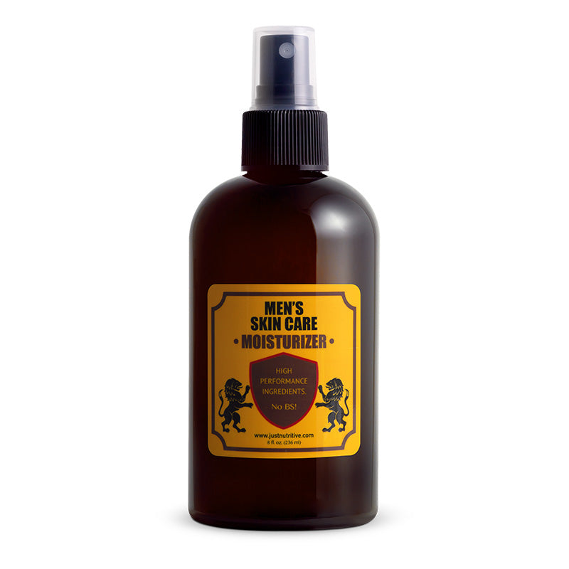 Brown bottle of men's skin care moisturizer with a yellow label on a white background