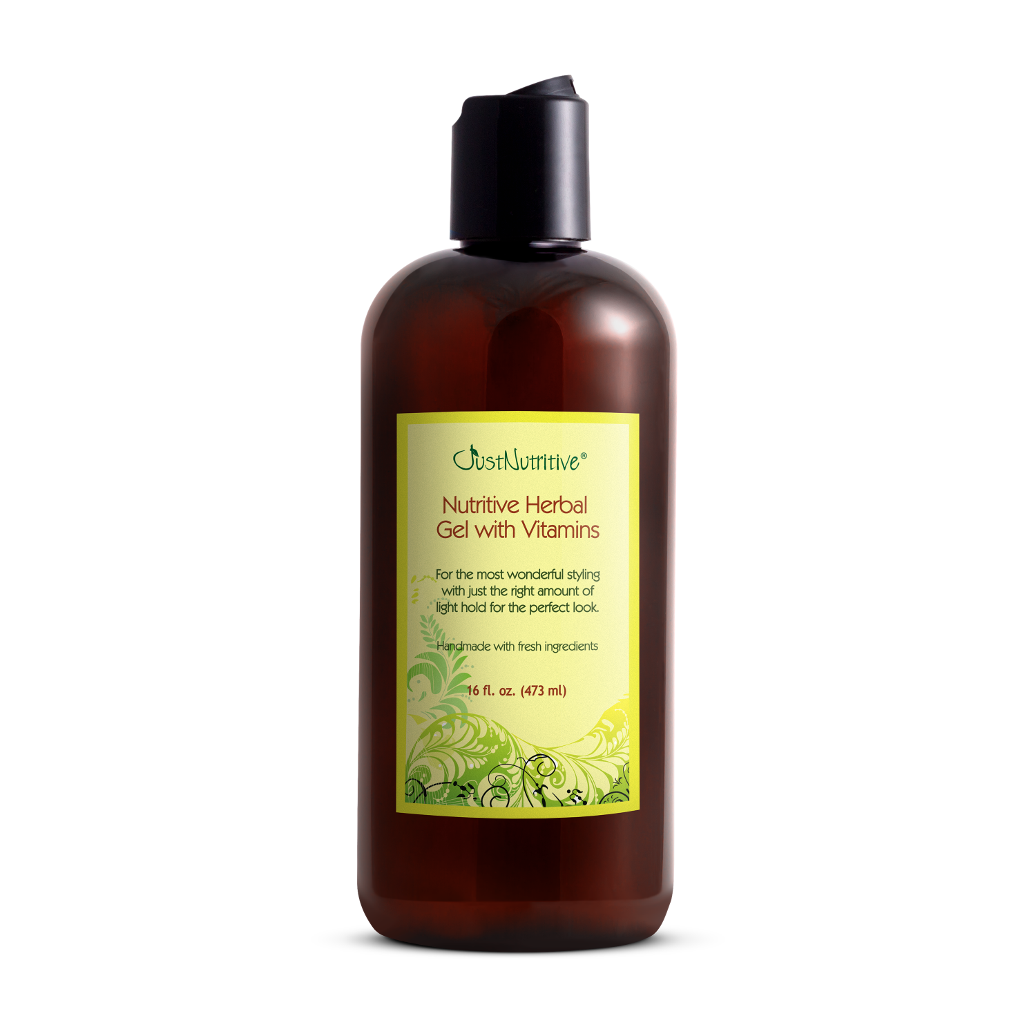 Brown bottle of Nutritive Herbal Gel with Vitamins on a white background